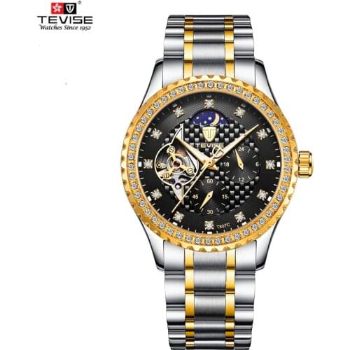 TEVISE Watch Men Diamond Business Automatic Watches Waterproof Moon Phase Luminous Mens Watches Luxury Mechanical Wristwatches