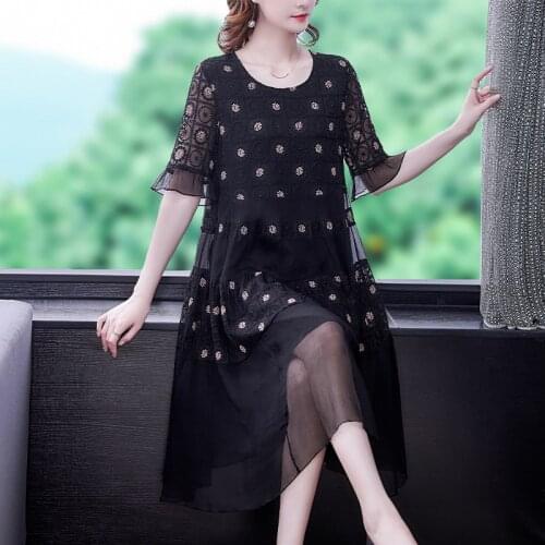 Black Mesh Embroidery Casual Loose Midi Dress Summer Women Elegant Bodycon Party Vestido 2021 Vinatge Floral 5XL Plus Size Dress