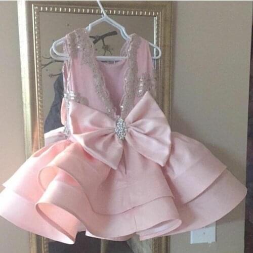 Girls Pageant Dresses Sequins Applique Layers Knee Length Kids Party Gowns Birthday Dress with Big Bow