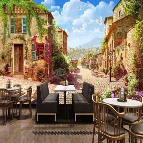 Custom Photo Mural Small Town Street View European Style Retro Cafe Restaurant Bar Background 3D Wall Murals Non-woven Wallpaper