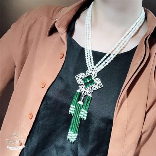 Beautiful 3strand 7-8mm white freshwater cultured pearl micro inlay zircon accessories tassel pendant sweater necklace