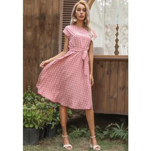 Summer Dress For Women 2021 Dot Print With Belt Round Neck Elegant Fashion Casual Female Vestido Beach Style Party Dresses C2602
