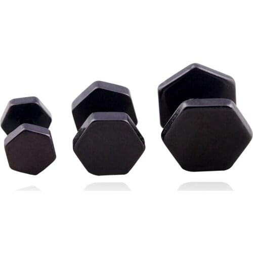 Fashion Cool Men Punk Hexagon Earrings Color Black Stainless Steel Geometric Hexagon Barbell Stud Earring Jewelry
