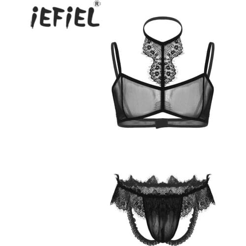 Men Sissy Lingerie Set Gay Sexy See Through Sheer Mesh Lace Trim Underwear Bra Top Open Butt Jockstrap Briefs Panties Nightwear