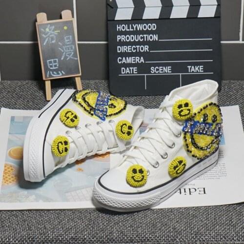 2021 new heavy industry smiling face womens high-top canvas shoes thick-soled white all-match casual single shoes