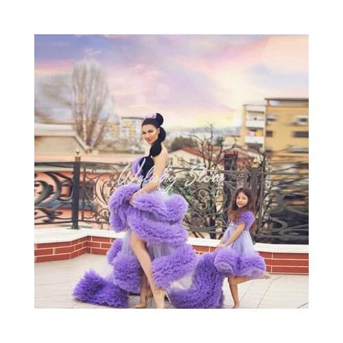Chic Lavender High Low Ruffles Tulle Party Dresses For Mother & Daughter Strapless Sweetheart Tulle Prom Gowns Photo Shoot