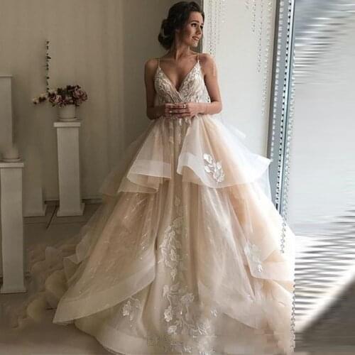 2019 Champagne Wedding Dresses A Line V Neck Lace Applique Tulle Bridal Gowns With Tiered Skirts Sweep Train Wedding Gowns
