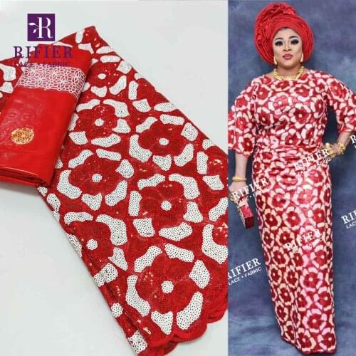 Red Unique Design Net Mesh Lace Fashionable French Sequined Net Tulle Fabric Traditional Wedding Dresses Bazin Riche Lace Fabric