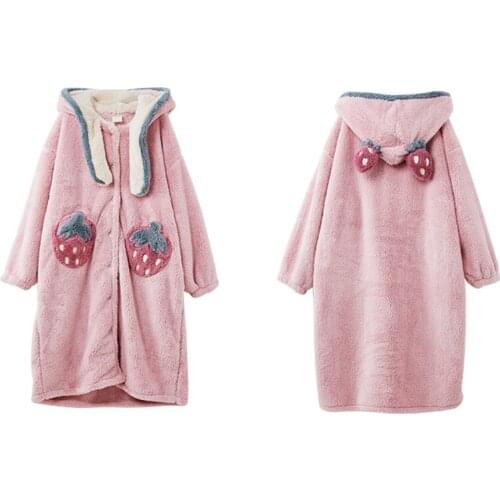 VSUE Women Pink Coral Velvet Pajamas Robes Hooded Strawberry Sleepwear Warm Homewear Thicken Winter Korean A0007