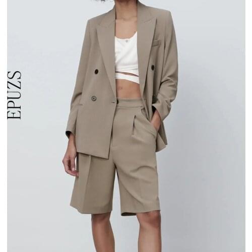 ZA Women Fashion Double Breasted Blazers Coat Vintage Long Sleeves Outerwear High Waist Shorts 2-piece Set 2021