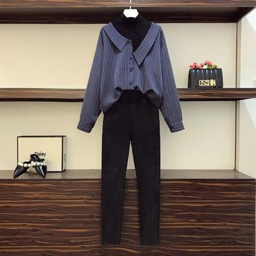 2021 New Summer Women Vintage Two-Piece Set Navy blue Loose Stripe printing Shirt Elastic High Waist Casual Trousers Pants Set