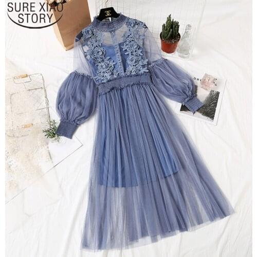 Sweet Lantern Sleeve Long Dress Vintage Lace Dress Women Mesh Dresses Spring Female Princess Dresses 2 Piece Set Vestido 12041