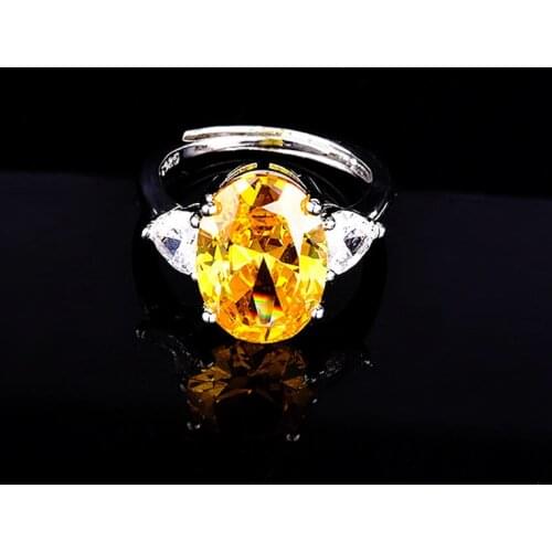 Natural Citrine Adjustable Ring Plated 925 Silver Inlaid Large Carat Gemstones Wedding Engagement Jewelry Wholesale Women