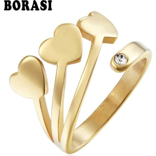 BORASISimple Style Three Love Heart Crystal Rings For Women Wedding Band Ring Jewelry Fashion Party Gift Ring Gold Color New