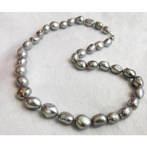 Women Classic Jewelry 10mm Gray Baroque pearl necklace real natural freshwater pearl 18'' 45cm