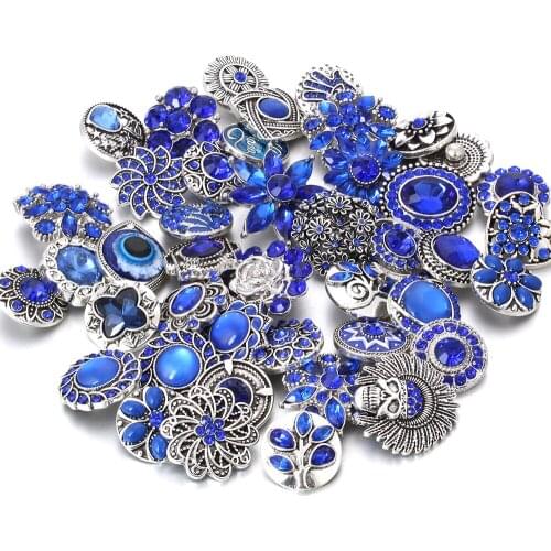 10pcs/lot New Snap Jewelry 18mm Snap Buttons Mixed Blue Crystal Rhinestone Flowers Metal Snaps for Snap Button Bracelet