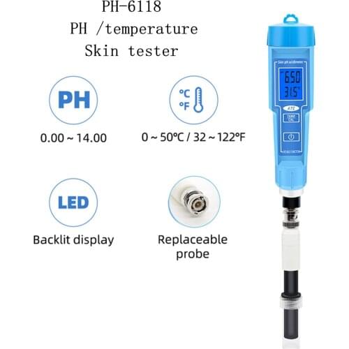2 In 1 PH-6118 PH Meter Acidity Meter Skin&Temperature Automatic Calibrate for Cosmetics Skin Water Lab Milk Fruit Meat 40%OFF