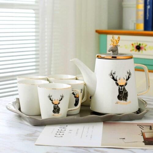 8pcs Nordic Light Luxury Water Cup Ceramic Set Tea Making Tea Cug Set Deer Mug Flower Tea Cup Modern Living Room Water Set CL129