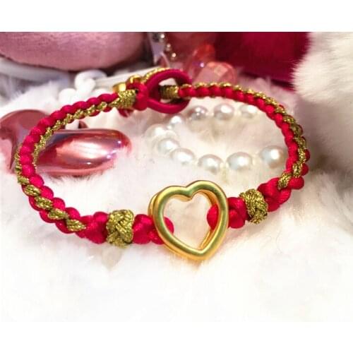 999 Pure 24K Yellow gold Heart Pendant Colour Weave String Bracelet