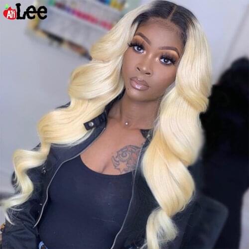 AliLee Long 150% Remy Brazillian Body Wave Lace Front Wig 1B 613 Ombre Blonde Colored Preplucked Lace Frontal Wig Human Hair
