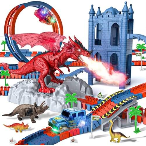 Dinosaur Track Railway Car Racing Vehicle Toys Electric Spray Dragon DIY Assembly Bricks Creator Kids Boys Children Gifts