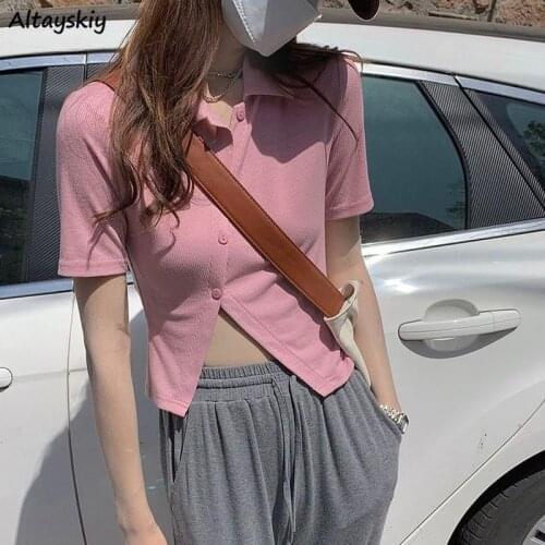 T-shirts Women Knitted Young Korean Style Chic Irregular Slim Turn-down Collar Tees Girls All-match Fashion Leisure Female Ins