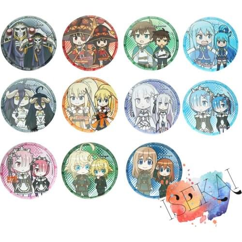 Isekai Quartet Anime Isekai Karutetto Konosuba Rezero Overlord Megumin Tanya Aqua Rem Ram Emilia Albedo Metal Badge Brooch Pins