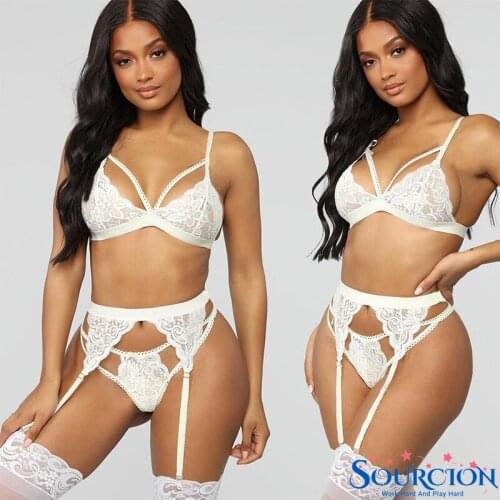 Sourcion Sexy Lingerie Set Women Deep V Neck Lace Garter Underwear Perspective Bandage Bra + Briefs Set Exotic Lingerie Set