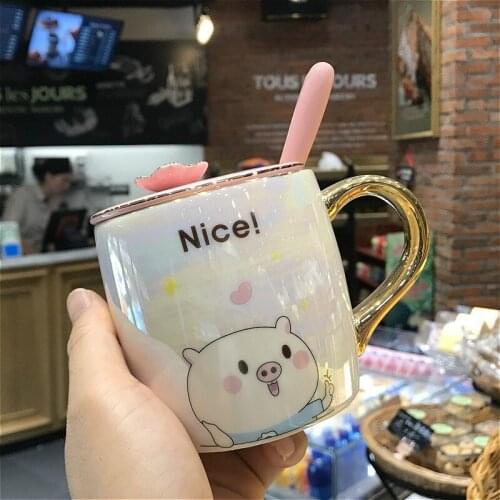 Creative Ceramic Mug Girls Cartoon Breakfast Cup Cute Animal Pig Drinking Tea Coffee Milk Mugs With Lid and Spoon Birthday Gift