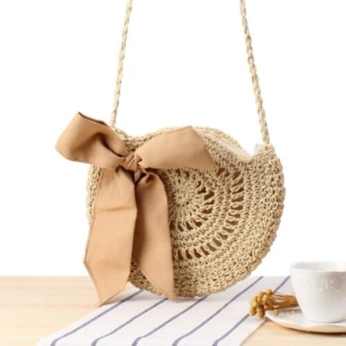 2020 New Summer Round Straw Bag Beach Wind Cute Bow Crossbody Woven Bag Handmade Crochet Female Bag Beach Bag