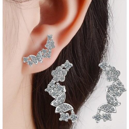 Fashion Silver Color Luxury Crystal Stud Earrings Butterfly Design Statement Earring For Women Girl Ear Jewelry Gift