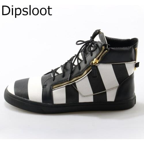 2018 Hot Men Zebra Stripe Leather High Top Thick Sole Casual Shoes Men Double Zipper Unisex Sneakers Flat Leisure Trainer Shoes