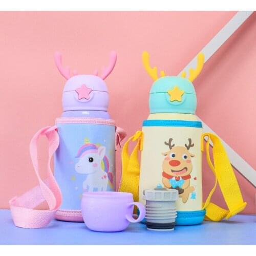 New Cartoon Deer Stainless Steel Water Cup Student Antlers with Straw Bouncing Cup Portable Childrens Vacuum Flask