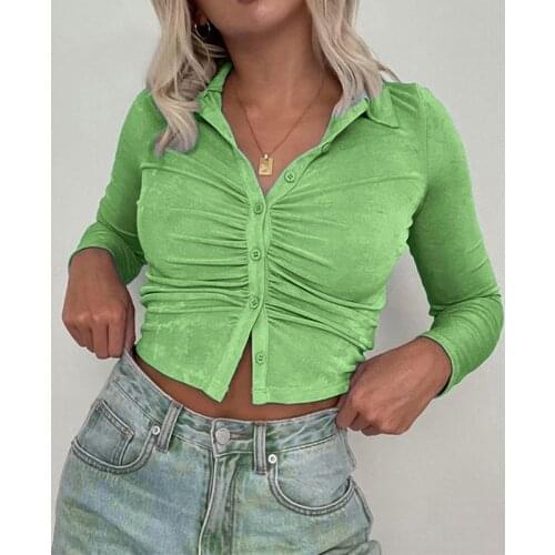 Autumn Women Close-fitting Blouse Ladies Solid Color Turn-down Collar Long Sleeve Crop Tops Blue Green Khaki Black White