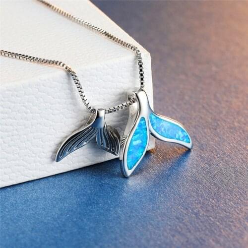 Boho Female Blue White Pendant Necklace Charm Opal Heart Chain Necklaces For Women Cute Double Cat Hollow Weddings Neckla