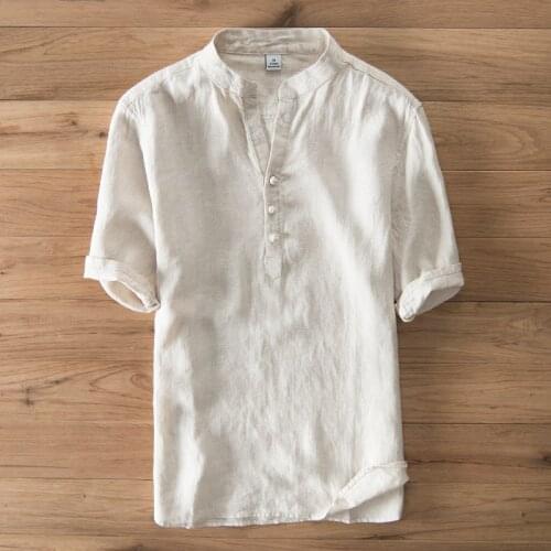 Pure Linen Shirts Men Pullover Short Sleeve Mandarin Collars Casual Shirt Man Summer Fashion Blouse Male Slim Fit Cloth TS-251