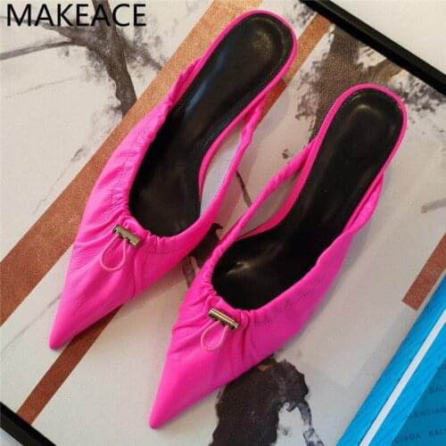 Green Kitten Heels Pointed Toe Slippers Women Wrinkle Real Leather Elastic Rope Sandals Sweety Color Party Shoes Lazyman Mules