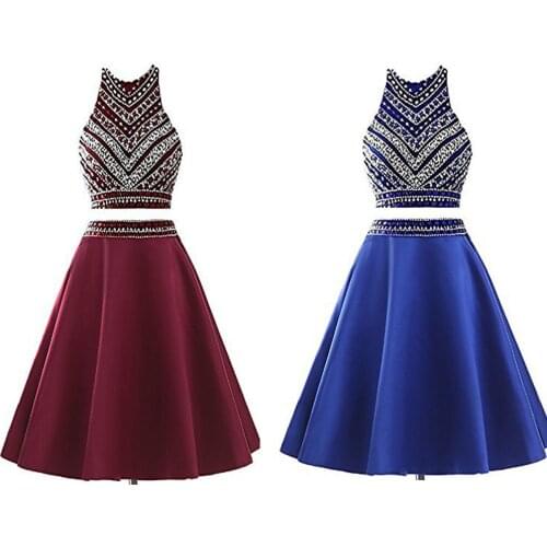 O-Neck Burgundy Evening Gowns Sequined and Beaded Short Homecoming Dresses Zipper Up Girl Party Outfits