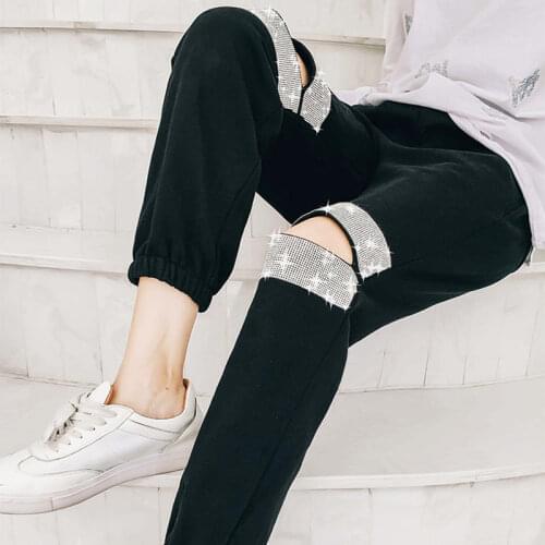 2021 Spring Summer Hollow SweatPants Hot Drilling High Waist Casual Harlan Pants Jogger Women Elastic Waist Black Trousers X82