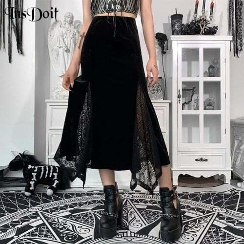 InsDoit Goth Black Aesthetic Midi Skirt Women Harajuku Vintage Split Lace Sexy Summer Long Skirt E Girl Streetwear Elegant Skirt