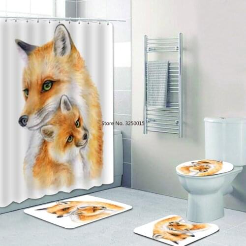 Cute Animal Painting Watercolored Fox Motherhood Decor Mother and Baby Shower Curtain Bathroom Curtain Set Bath Mats Rugs Gift