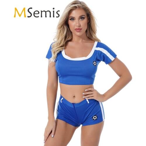 Women Color Block Two-piece Cheerleading Uniform Role Play Outfit Round Neck Short Sleeve Cropped T-shirt with Booty Shorts