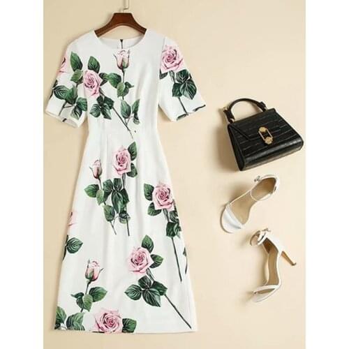 Womens European and American wear 2021 summer new style Rose print with five-minute sleeves and round neck Fashion white dress