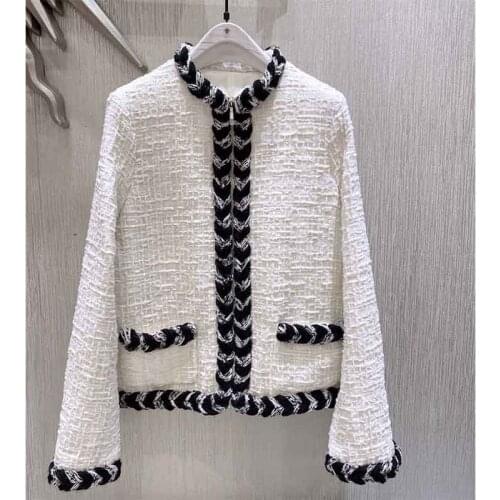 Women Jacket White Wool Tweed Short Coat Vintage Pocket O-Neck Long Sleeve Elegant 2021 Runway Autumn Winter Lady Top