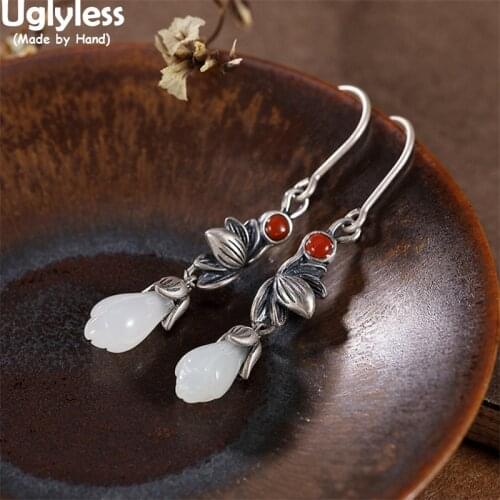 Uglyless Thai Silver Vintage Lotus Earrings for Women Magnolia Flower Jade Earrings Ethnic 925 Silver Dress Retro Lotus Jewelry
