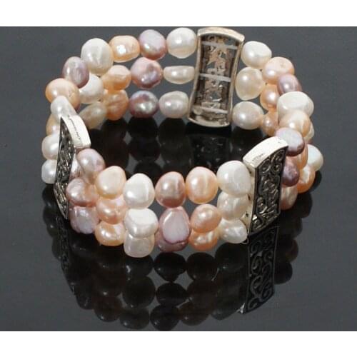 New Womens Tibet Silver Nature Freshwater Pearl Bracelet 3 Rows Bracelet 8-9 mm multicolor