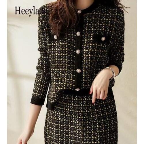 Fall Winter Office Ladies Knitted Tweed Suit Single Buttons Breasted Cardigans Coat Top And High Waist Mini Skirt Knit 2PCS Sets