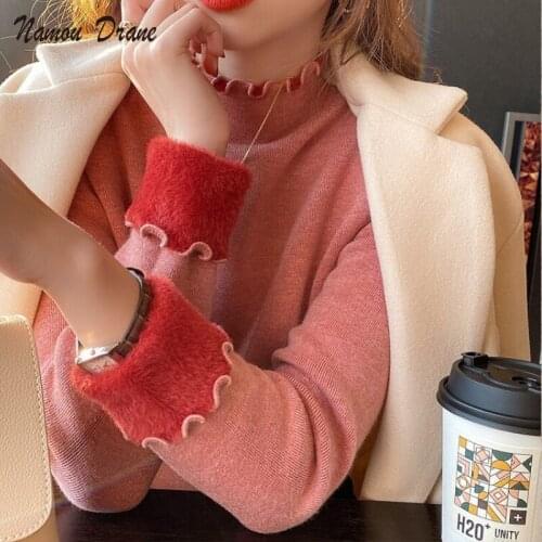 Namou Drane Plus Velvet Sweater Women Thicken 2021New Style Semi-high Collar Bottoming Shirt with Wood Ears In Autumn and Winter