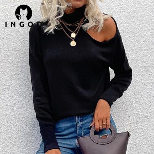 INGOO Autumn Casual High Neck Women Knitted Sweater Sexy Long Sleeve Off Shoulder Slim Sweaters Winter Solid Fashion Streetwear