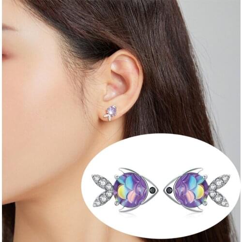 WOSTU 925 Sterling Silver Dazzling CZ little Fish Colorful Stud Earrings for Women Fine Sterling Silver Jewelry BKE1028